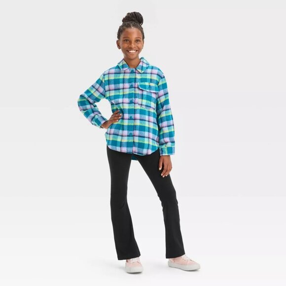 COPYCat & Jack - Girls' Plaid Button-Front Long Sleeve Shacket - Teal Blue Plaid - Picture 3 of 13